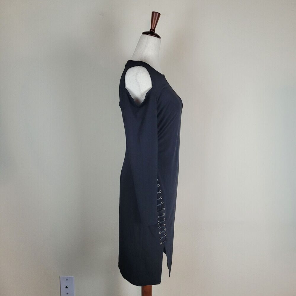 Carmen Marc Valvo Dress Small Black Cold Shoulder One Sleeve Faux Leather Trim - Picture 3 of 8